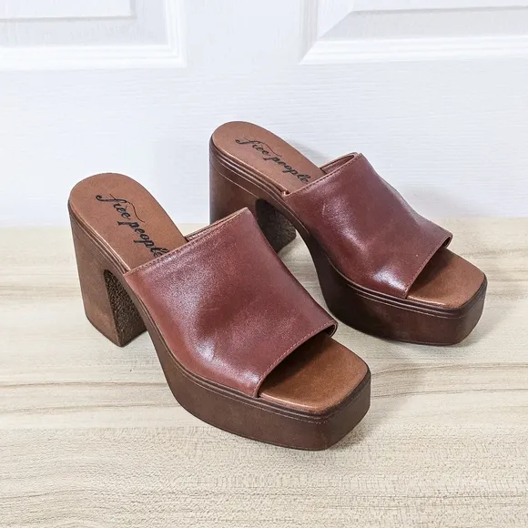 Free People Zoe Platform Chestnut Leather Sandal Mules Size 39