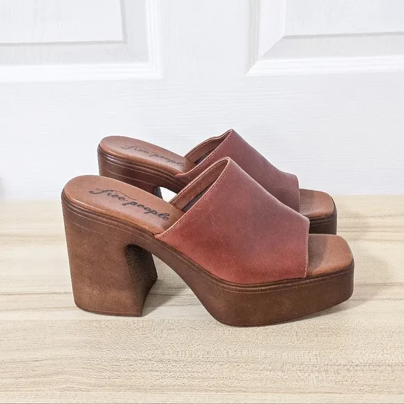 Free People Zoe Platform Chestnut Leather Sandal Mules Size 39