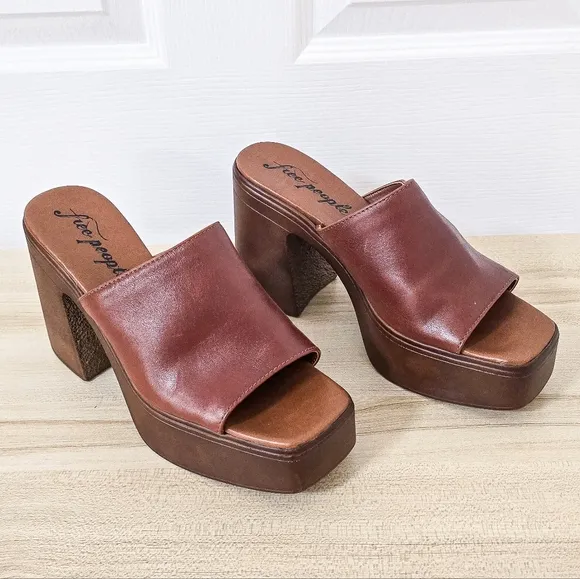 Free People Zoe Platform Chestnut Leather Sandal Mules Size 39
