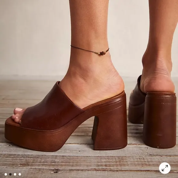 Free People Zoe Platform Chestnut Leather Sandal Mules Size 39