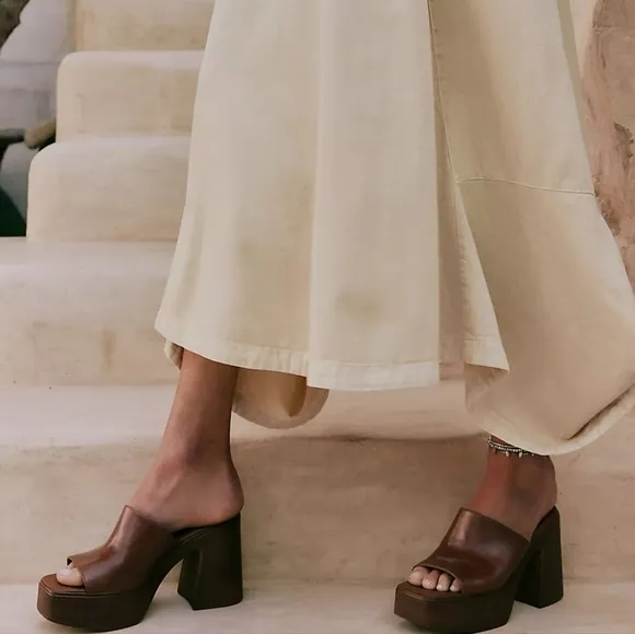 Free People Zoe Platform Chestnut Leather Sandal Mules Size 39