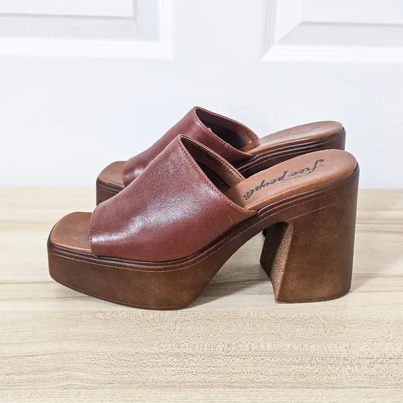 Free People Zoe Platform Chestnut Leather Sandal Mules Size 39