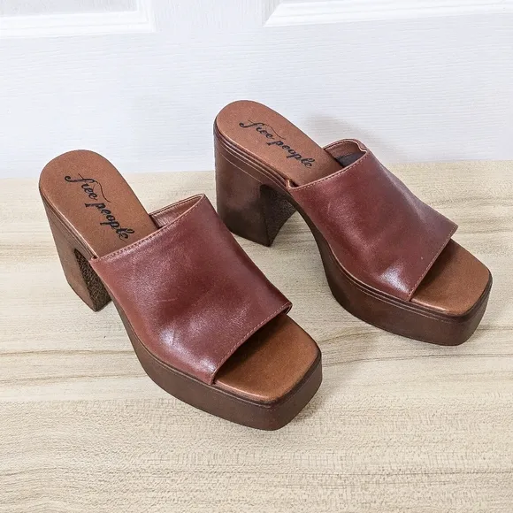 Free People Zoe Platform Chestnut Leather Sandal Mules Size 39