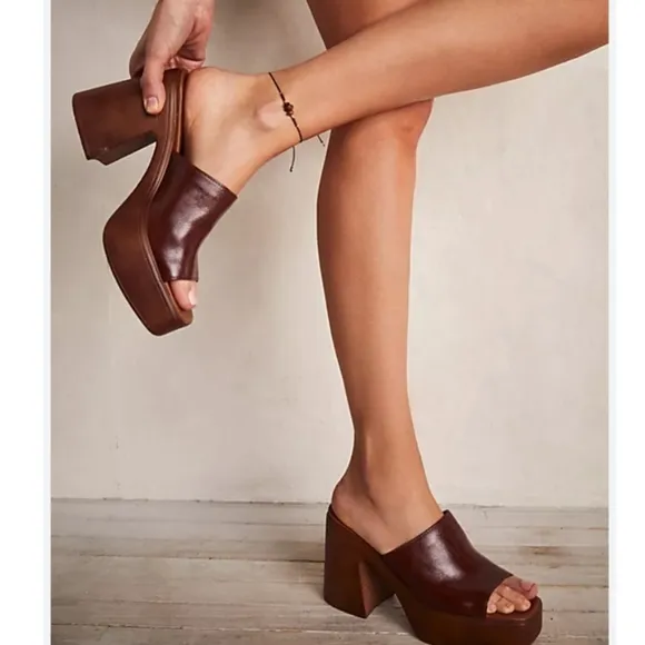 Free People Zoe Platform Chestnut Leather Sandal Mules Size 39
