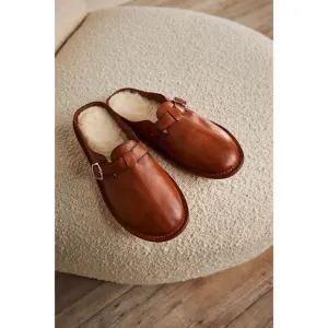 Free People Benson Dual Insert Leather Buckle Mules Clogs Slip Ons Faux Fur Tan