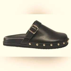 French Connection Chello Buckle Clogs. Black with gold accents. Size 8. NWT