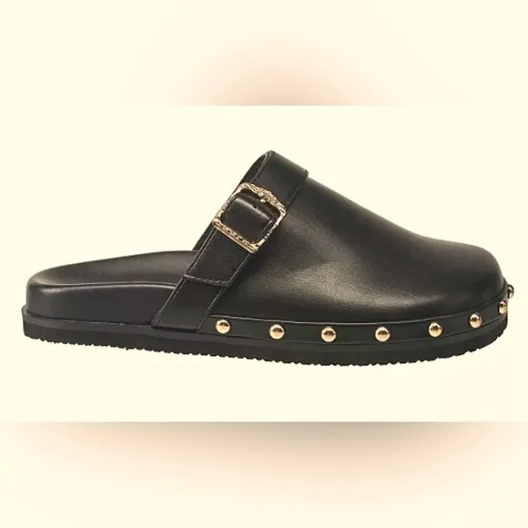 French Connection Chello Buckle Clogs. Black with gold accents. Size 8. NWT