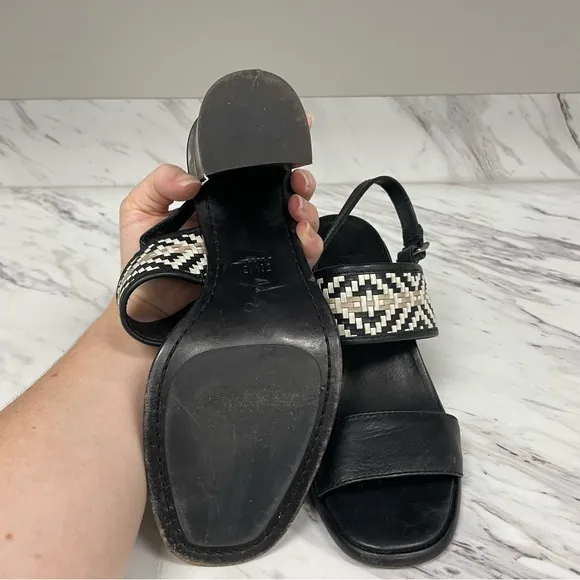 Frye Amy Woven Slingback Sandal Black White Leather Open Toe