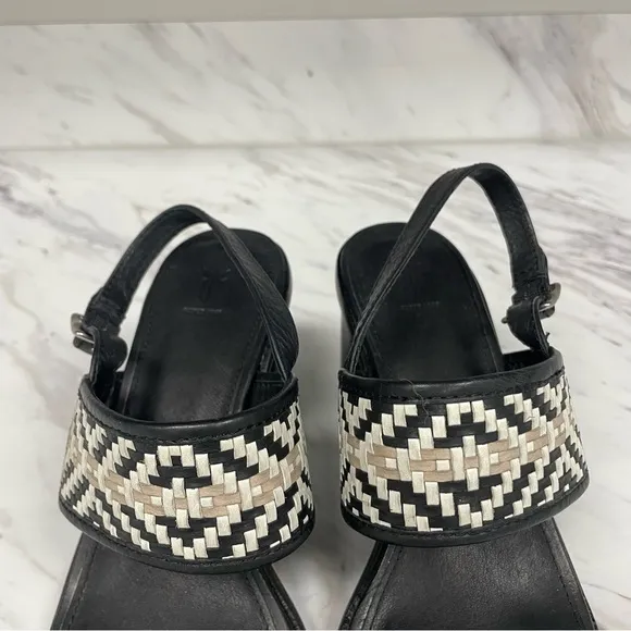 Frye Amy Woven Slingback Sandal Black White Leather Open Toe
