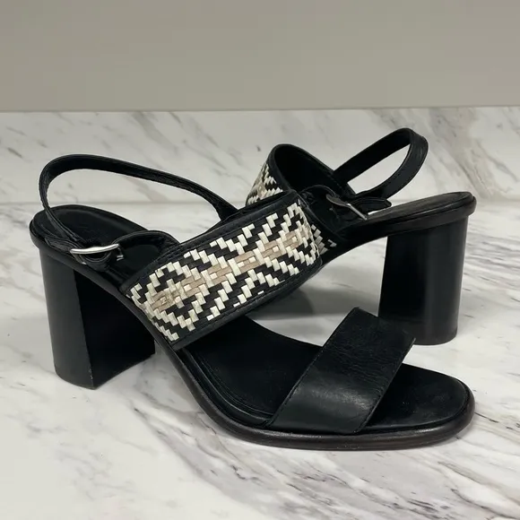 Frye Amy Woven Slingback Sandal Black White Leather Open Toe