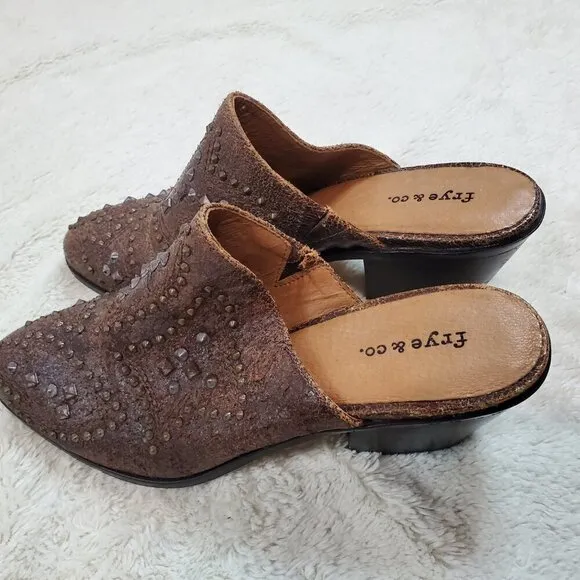 Frye and Co Chocolate Brown Distressed Leather Studded Heel Mules Clog Women 7.5