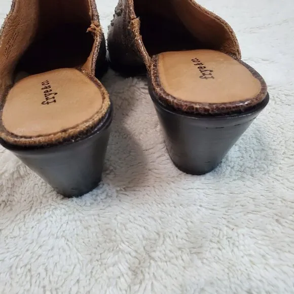 Frye and Co Chocolate Brown Distressed Leather Studded Heel Mules Clog Women 7.5