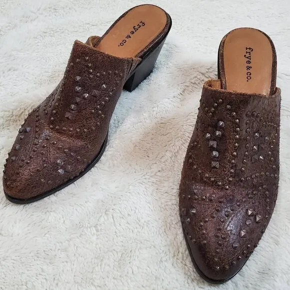 Frye and Co Chocolate Brown Distressed Leather Studded Heel Mules Clog Women 7.5