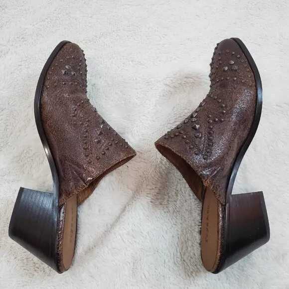 Frye and Co Chocolate Brown Distressed Leather Studded Heel Mules Clog Women 7.5