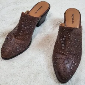 Frye and Co Chocolate Brown Distressed Leather Studded Heel Mules Clog Women 7.5