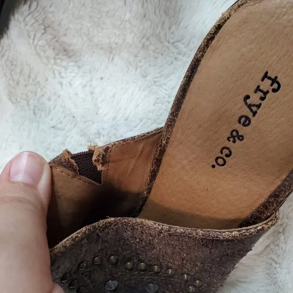 Frye and Co Chocolate Brown Distressed Leather Studded Heel Mules Clog Women 7.5