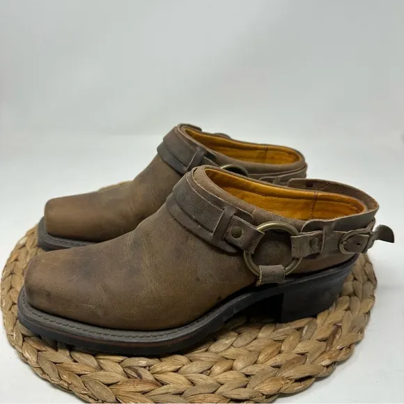 Frye Brown Leather Harness Mules Clogs Boots Western Size 9 Women's
