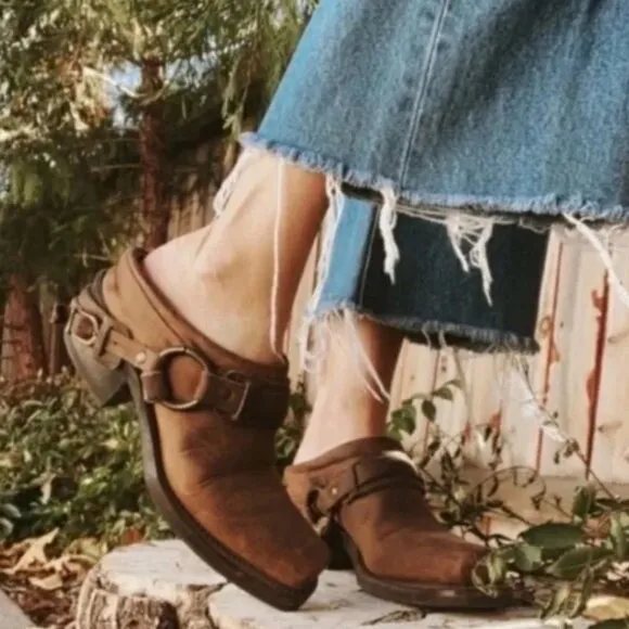 Frye Brown Leather Harness Mules Clogs Boots Western Size 9 Women's
