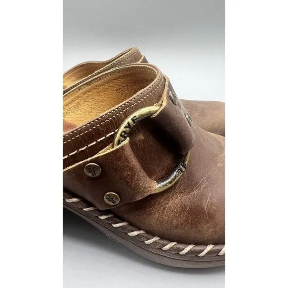 FRYE Brown Western Mules Clogs Leather Charlotte Harness Ring Size 6.5 M
