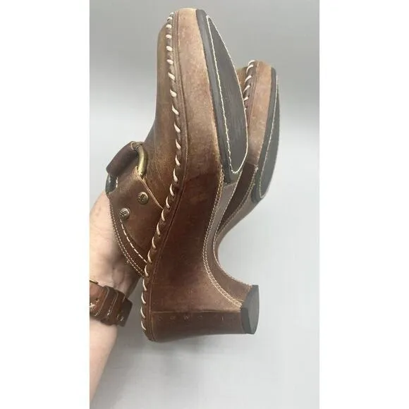 FRYE Brown Western Mules Clogs Leather Charlotte Harness Ring Size 6.5 M