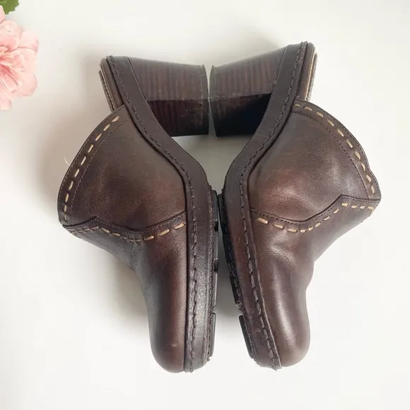 FRYE Candy Pickstitch Brown Leather Chunky Heel Mules Clogs