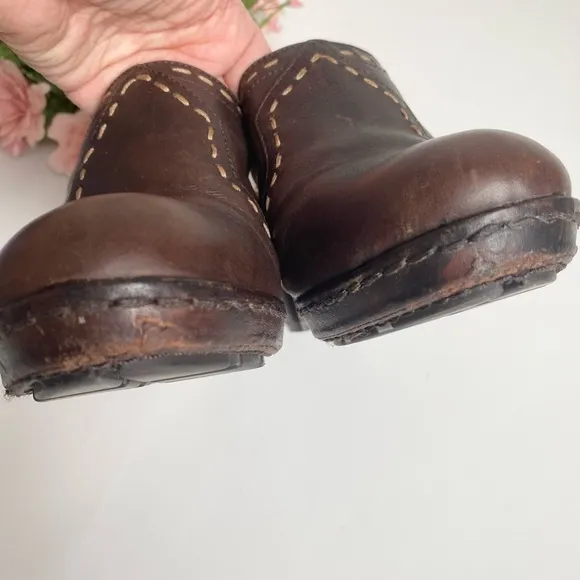 FRYE Candy Pickstitch Brown Leather Chunky Heel Mules Clogs