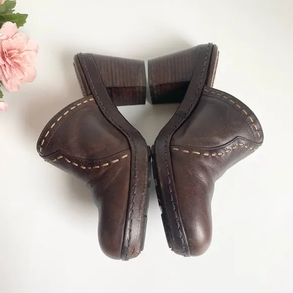 FRYE Candy Pickstitch Brown Leather Chunky Heel Mules Clogs