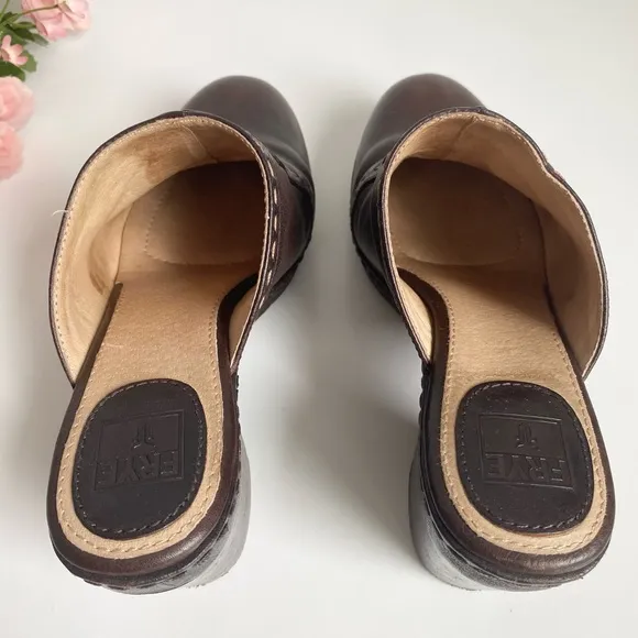 FRYE Candy Pickstitch Brown Leather Chunky Heel Mules Clogs