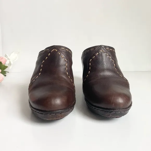 FRYE Candy Pickstitch Brown Leather Chunky Heel Mules Clogs