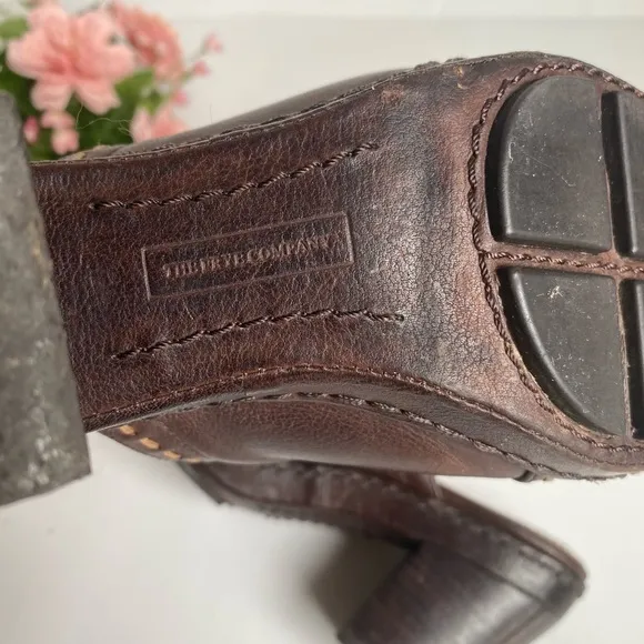 FRYE Candy Pickstitch Brown Leather Chunky Heel Mules Clogs
