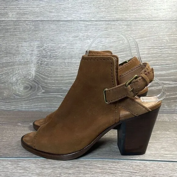 Frye Dani Shield Women’s Sz 7M Brown Suede Slingback Buckle Peep Toe Mules Heels
