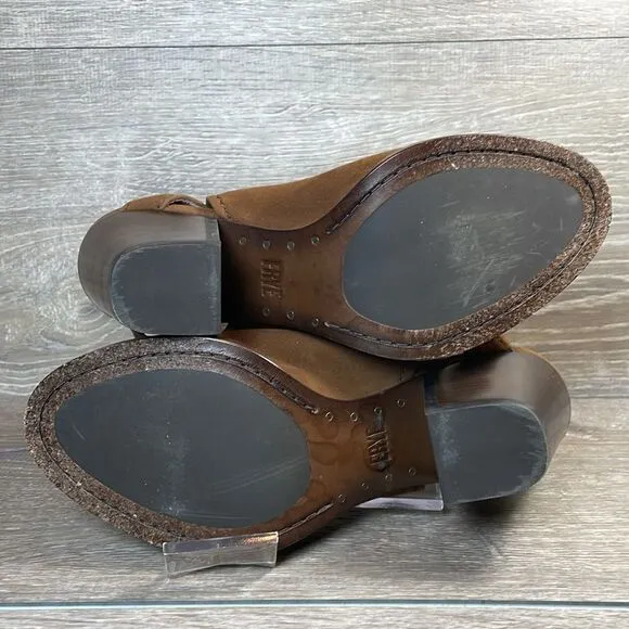 Frye Dani Shield Women’s Sz 7M Brown Suede Slingback Buckle Peep Toe Mules Heels