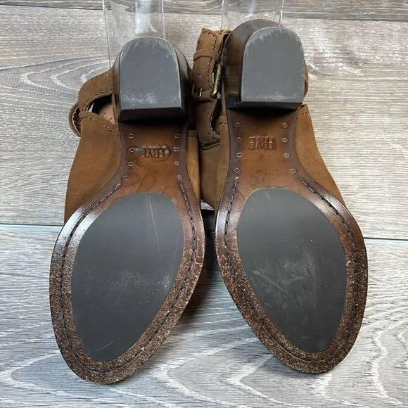 Frye Dani Shield Women’s Sz 7M Brown Suede Slingback Buckle Peep Toe Mules Heels
