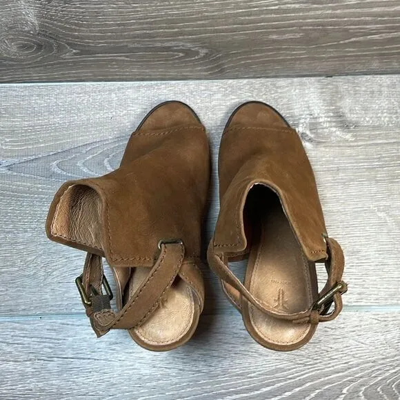 Frye Dani Shield Women’s Sz 7M Brown Suede Slingback Buckle Peep Toe Mules Heels