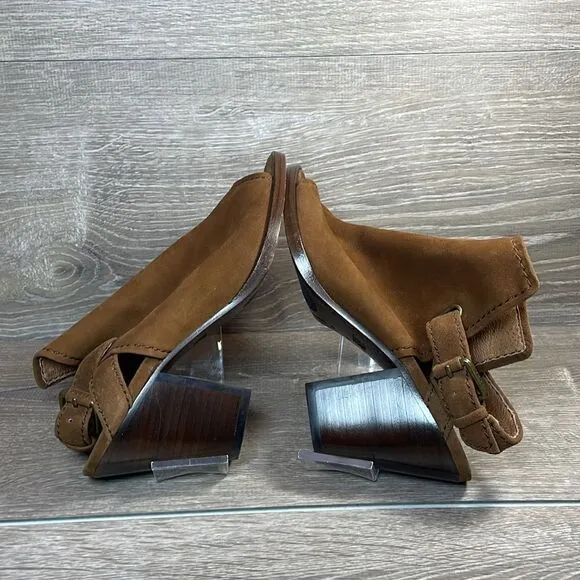 Frye Dani Shield Women’s Sz 7M Brown Suede Slingback Buckle Peep Toe Mules Heels