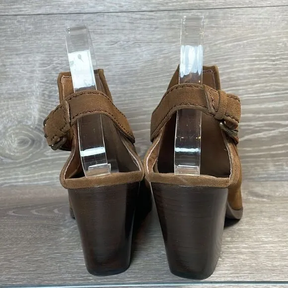 Frye Dani Shield Women’s Sz 7M Brown Suede Slingback Buckle Peep Toe Mules Heels