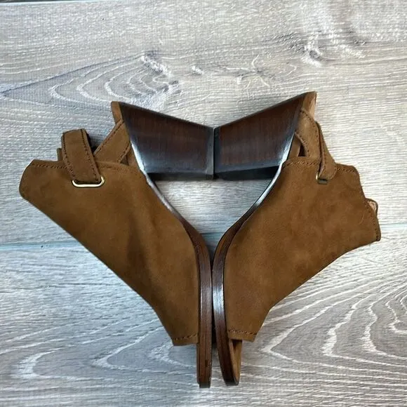 Frye Dani Shield Women’s Sz 7M Brown Suede Slingback Buckle Peep Toe Mules Heels