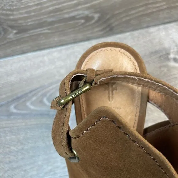 Frye Dani Shield Women’s Sz 7M Brown Suede Slingback Buckle Peep Toe Mules Heels