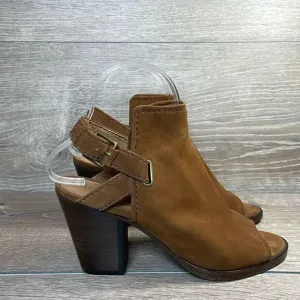 Frye Dani Shield Women’s Sz 7M Brown Suede Slingback Buckle Peep Toe Mules Heels