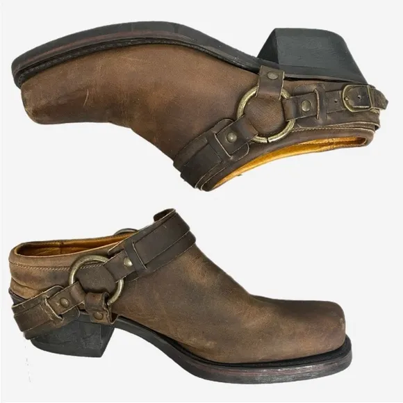 Frye Miles Clogs Mules Brown Leather Belted Harness Moto Boho western usa sz 10
