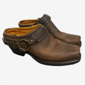 Frye Miles Clogs Mules Brown Leather Belted Harness Moto Boho western usa sz 10