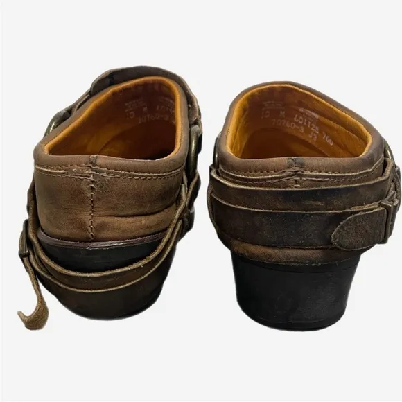 Frye Miles Clogs Mules Brown Leather Belted Harness Moto Boho western usa sz 10