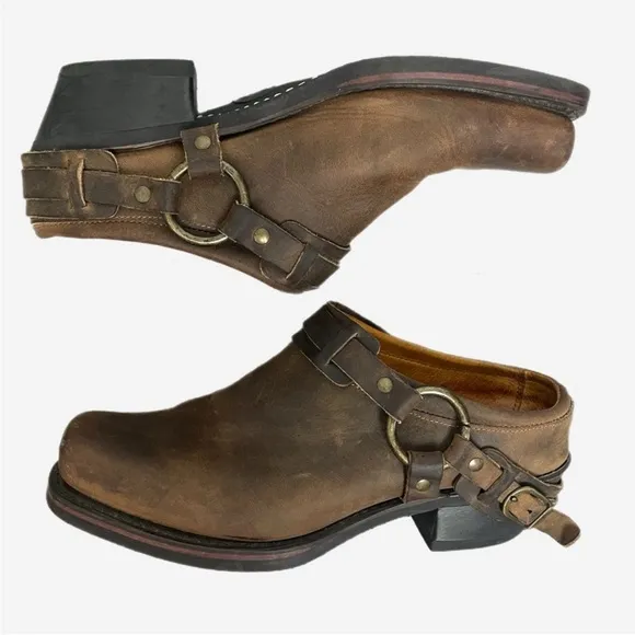 Frye Miles Clogs Mules Brown Leather Belted Harness Moto Boho western usa sz 10
