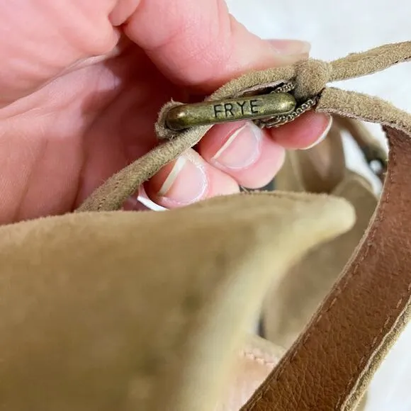 Frye Tan Suede Open Toe Mules Women's Size 7.5 Adjustable Straps Stacked Heel