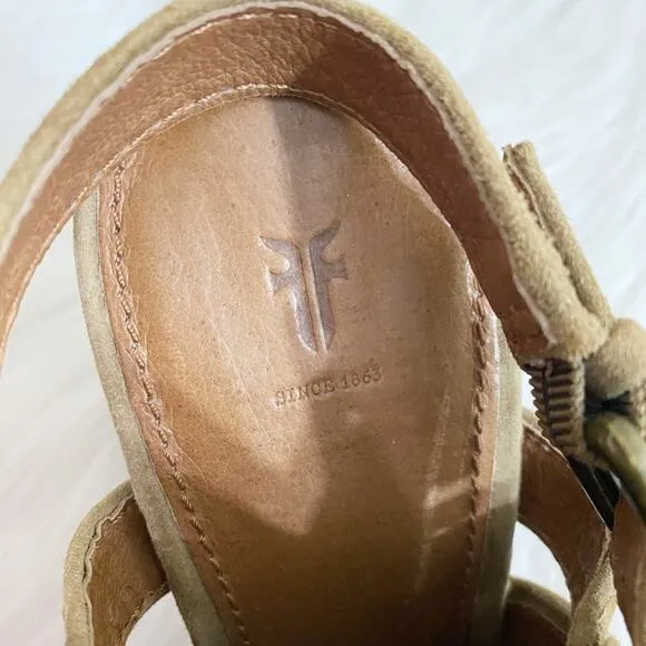 Frye Tan Suede Open Toe Mules Women's Size 7.5 Adjustable Straps Stacked Heel