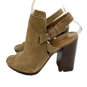 Frye Tan Suede Open Toe Mules Women's Size 7.5 Adjustable Straps Stacked Heel