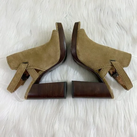 Frye Tan Suede Open Toe Mules Women's Size 7.5 Adjustable Straps Stacked Heel