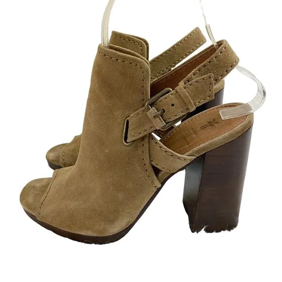 Frye Tan Suede Open Toe Mules Women's Size 7.5 Adjustable Straps Stacked Heel