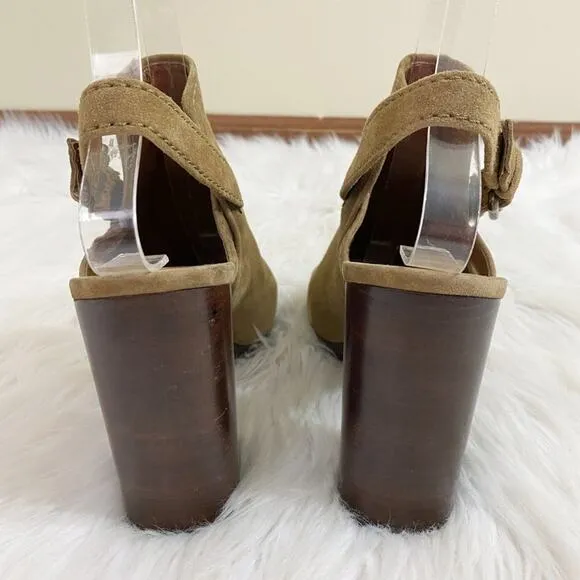 Frye Tan Suede Open Toe Mules Women's Size 7.5 Adjustable Straps Stacked Heel