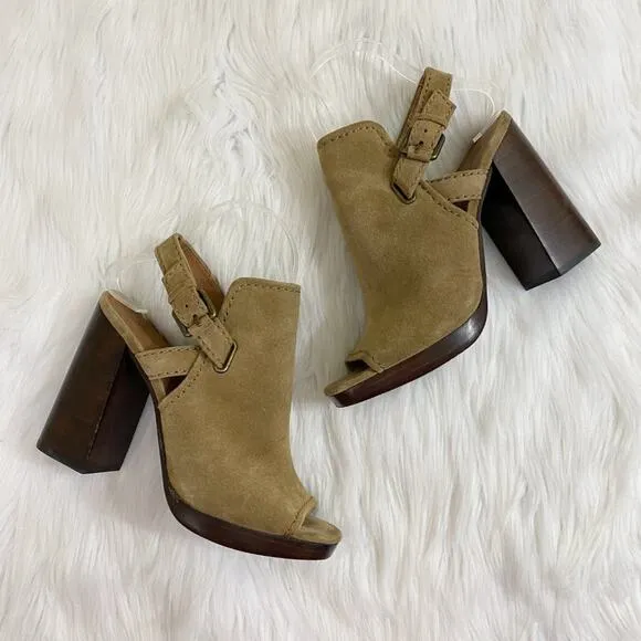 Frye Tan Suede Open Toe Mules Women's Size 7.5 Adjustable Straps Stacked Heel